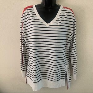 Chicos Zenergy Pullover Size 1 M(8/10) White Black Stripe Long Sleeve Red Accent